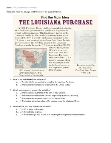 The Louisiana Purchase Main Idea Worksheet