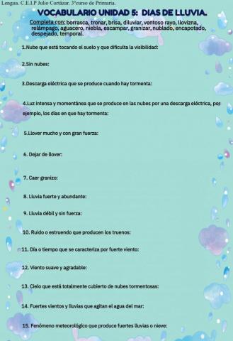 Vocabulario unidad 5.dias de lluvia.