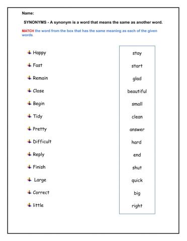 Synonyms Worksheet
