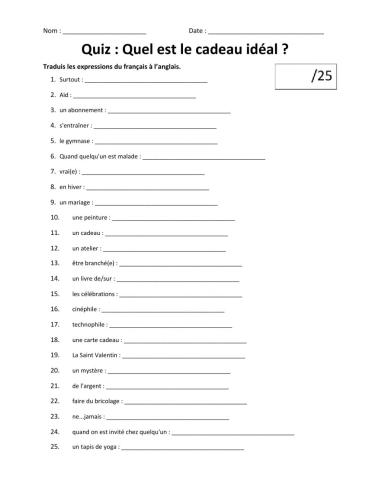 Quiz de vocabulaire - Quel est le cadeau idéal ?
