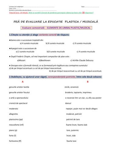 Evaluare semestriala muzica-desen - Elemente de limbaj plastic muzical