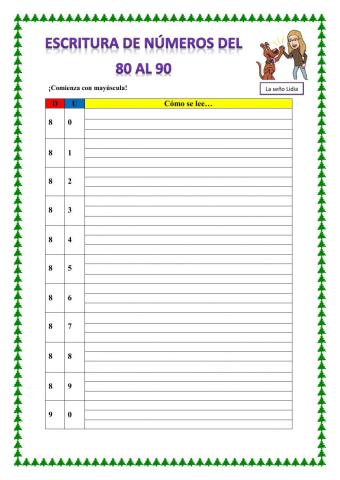 Escritura de números del 80 al 90