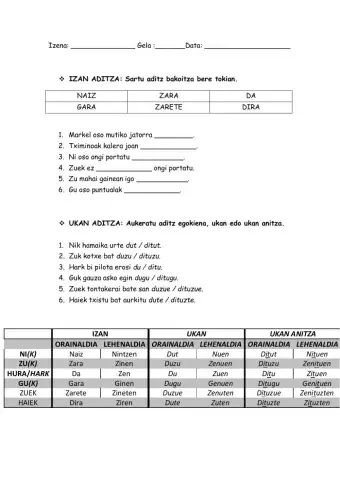 Izan eta Ukan aditzak orainaldian