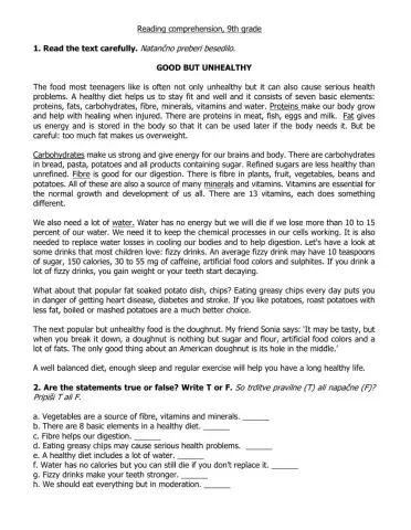 Reading comprehension - food