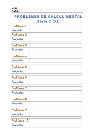 Problemes de càlcul mental: Quinzet 7.101 a 7.110