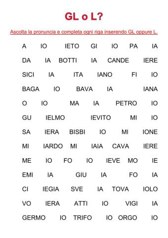 Digramma GL: ascolto e completamento di parole