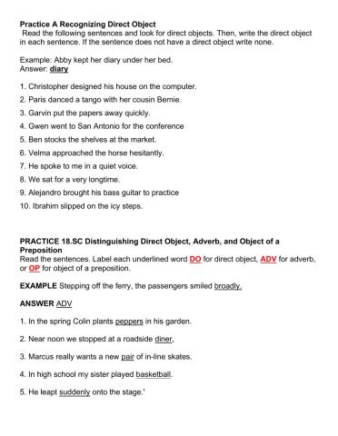 PRACTICE 18.SC Distinguishing Direct Object, Adverb, and Object of a Preposition