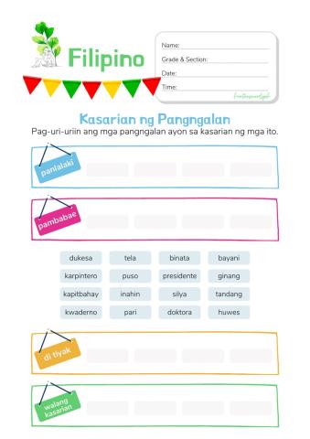Kasarian nga Pangngalan (Filipino Worksheet)