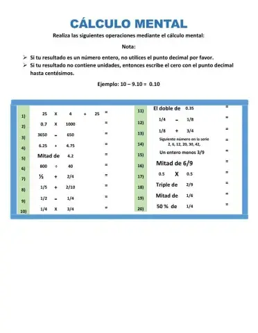 Cálculo mental 3.1 (sumas, restas, porcentaje y series con números decimales, fracciones y naturales)