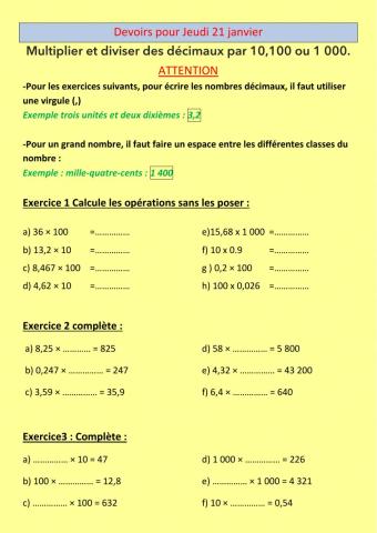 Multiplier et diviser des décimaux par 10 -100 et 1000