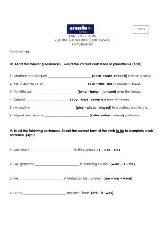 Language arts readiness test for fourth grade