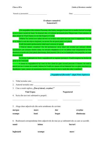 Limba şi literatura română- Evaluare sumativă