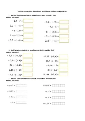 Pozitīvu un negatīvu decimāldaļu reizināšana, dalīšana un kāpināšana