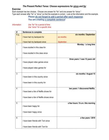 Present Perfect Tense, examples with since and for