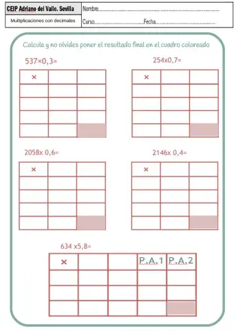 examen multiplicaciones con decimales