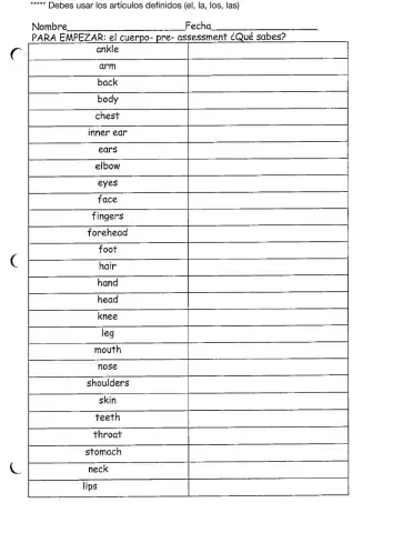 El cuerpo Inglés al español