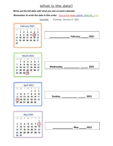 Calendar Date Fill in the Blanks