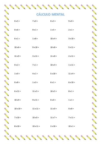 Multiplicación- Tablas 0, 1, 10 y 11 Fase 1