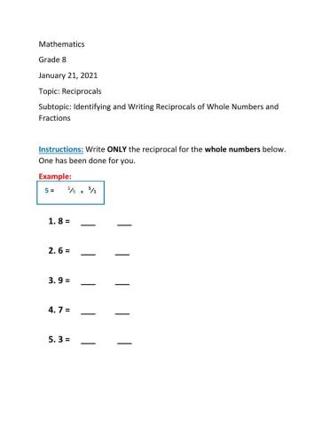 Reciprocals of Whole Numbers and Fractions