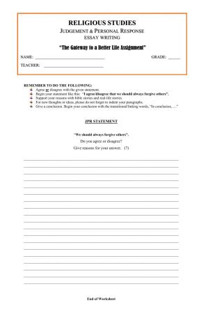 JPR Writing Worksheet- Grade 8