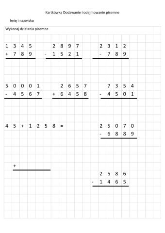 Kartkówka dodawanie i odejmowanie pisemne