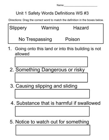 Unit 1 Safety Words Drag and Drop Definitions -3
