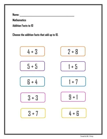 Addition facts to 10