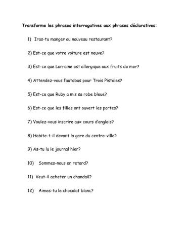 Phrases interrogatives en phrase declaratives