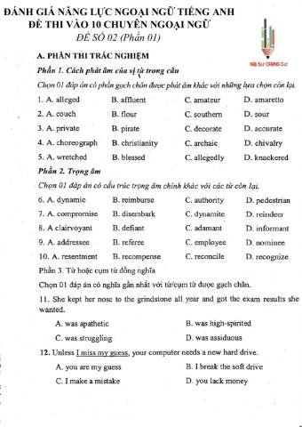 Đề thi đánh giá năng lực ngoại ngữ Tiếng Anh vào lớp 10 Chuyên ngoại ngữ - Số 2.1