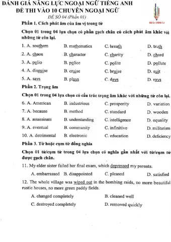 Đề thi đánh giá năng lực ngoại ngữ Tiếng Anh vào lớp 10 Chuyên ngoại ngữ - Số 4.1
