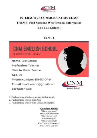 Find someone who - Personal Information - Level I Adults - Card 11