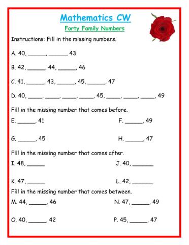 Fill in the missing number Forty Family