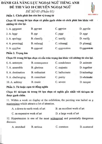 Đề thi đánh giá năng lực ngoại ngữ Tiếng Anh vào lớp 10 Chuyên ngoại ngữ - Số 5.1