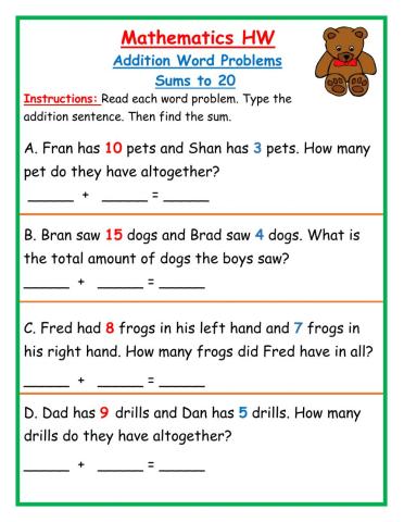 Addition Word Problems sums to 20 HW