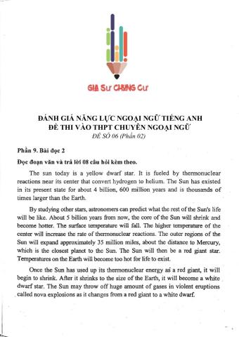 Đề thi đánh giá năng lực ngoại ngữ Tiếng Anh vào lớp 10 Chuyên ngoại ngữ - Số 6.2
