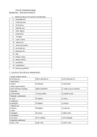 Życie towarzyskie kartkówka