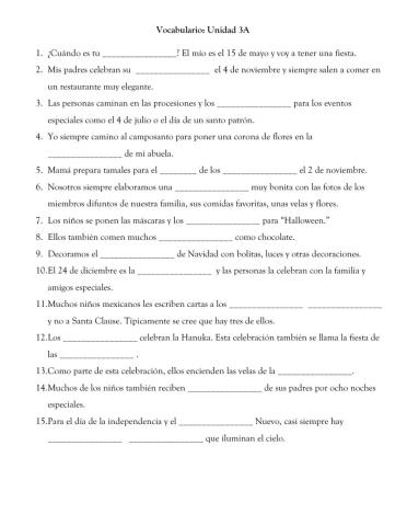 Vocabulario: Unidad 3A