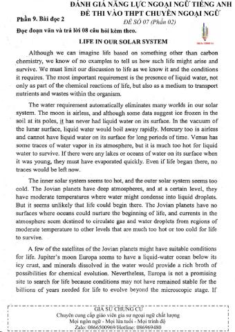 Đề thi đánh giá năng lực ngoại ngữ Tiếng Anh vào lớp 10 Chuyên ngoại ngữ - Số 7.2