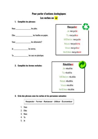 Pour parler d'actions écologiques. Verbes en -er