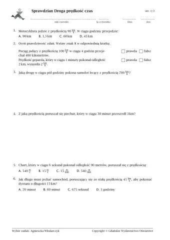 Sprawdzian Droga, prędkość , czas