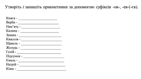 Утворіть прикметники, використавши суфікси -ов-, -ев-, -єв-.