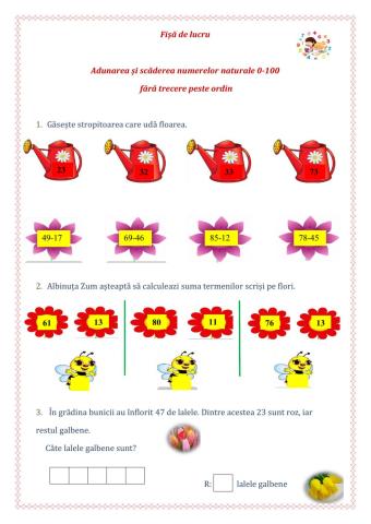 Matematică  -Adunarea și scăderea numerelor naturale 0-100  fără trecere peste ordin