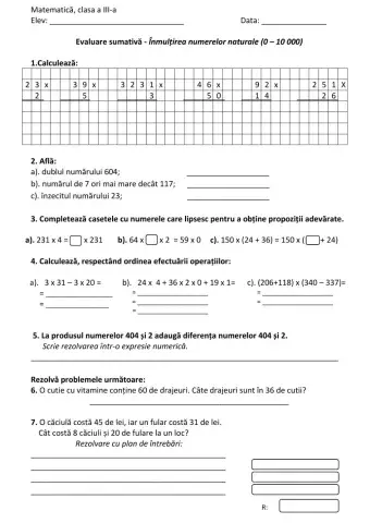 Evaluare sumativă - Înmulțirea numerelor naturale (0 – 10 000)
