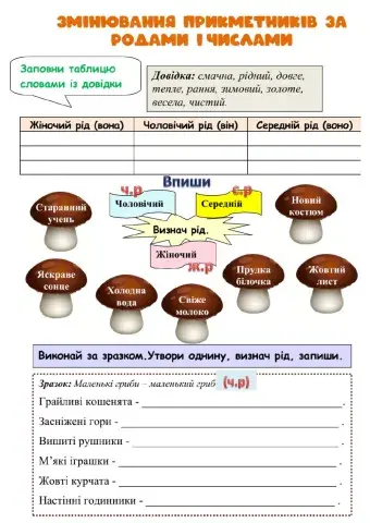 Змінювання прикметника за числами і родами