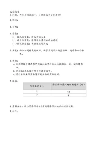 四年级科学实验报告-降落伞