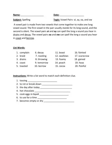 Spelling-ai, ay, oa, and ow Part 2