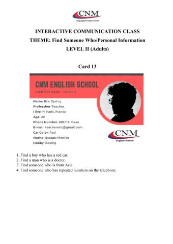 Find someone who - Personal Information - Level II Adults - Card 13