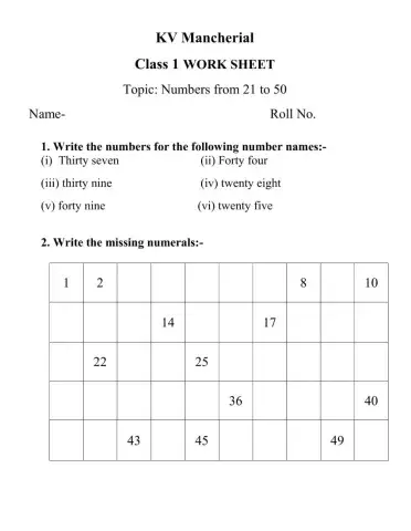 Numbers from 21 to 50
