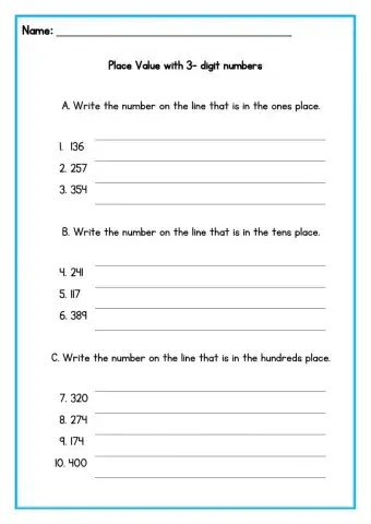 Place Value 3 digit numbers