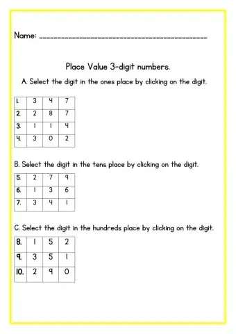 Place Value 3 digit numbers